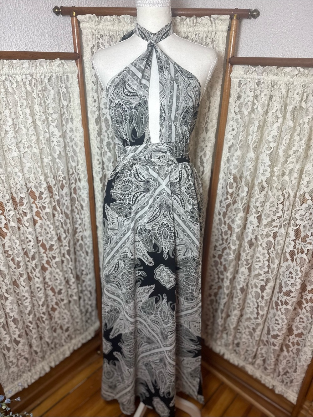 Black and White Paisley Halter Maxi Dress